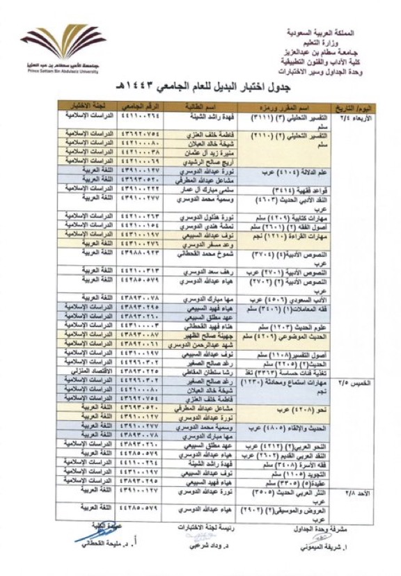 schedule of the Make-up exam for the academic year 1443 AH - all departments - with best wishes, and good luck and success -